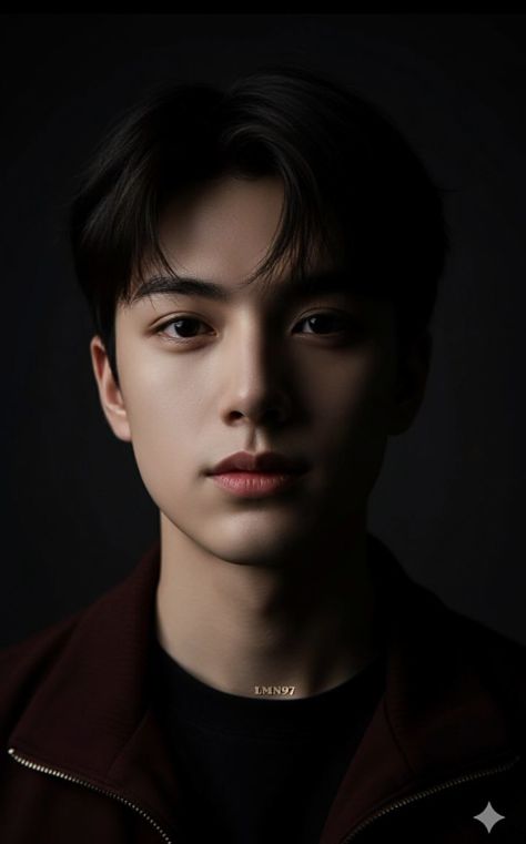 Photorealistic dark studio portrait of a young adult man with black side-swept hair, wearing a dark maroon zip-up track jacket, black crew-neck top, and thin gold chain necklace, lit with dramatic half-lit split lighting against a near-black backdrop.