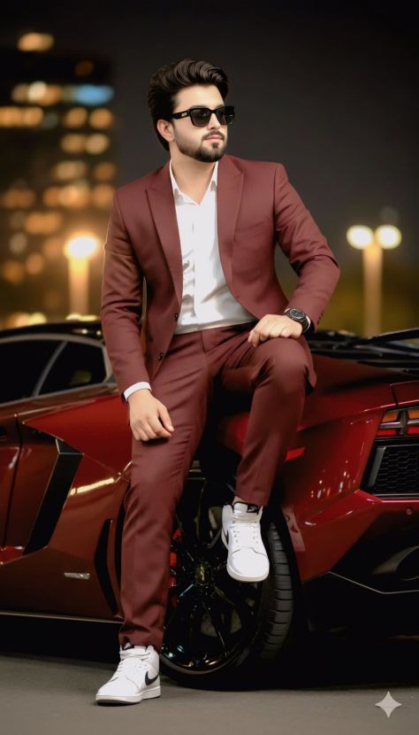 Photorealistic full-body night fashion portrait of an adult man in a burgundy tailored suit, white dress shirt, white sneakers, black sunglasses, and wristwatch, seated on a red luxury sports car with warm city lights and a dark night backdrop.