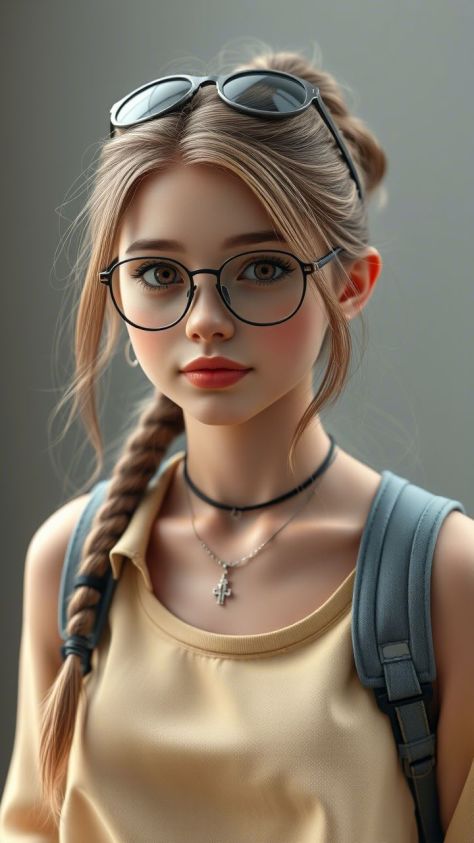 Semi-realistic 3D anime-style character portrait of a young woman with black round glasses, ash-blonde braided hair, black choker, cross necklace, gray-blue backpack straps, and a pale butter-yellow sleeveless top against a muted gray-green studio backdrop.