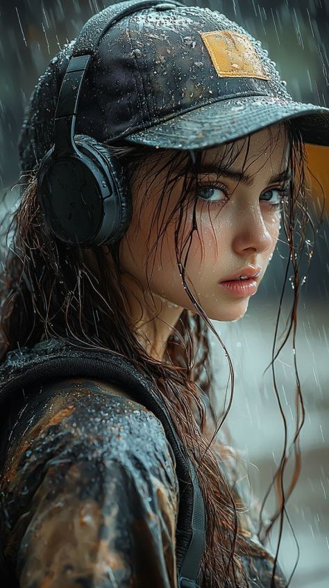 Hyper-realistic cinematic close-up portrait of a young woman in a rain-soaked dark cap, black over-ear headphones, wet camouflage jacket, and backpack strap, looking back intensely toward the camera in a rainy teal-orange urban setting.