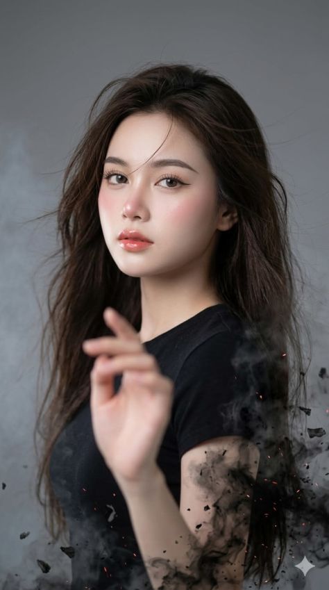 Photorealistic cinematic close-up portrait of a young woman with long dark brown hair, glossy peach-rose makeup, and a black T-shirt, with her lower arm and torso dissolving into black ash particles and glowing red-orange embers against a cool-gray smoky studio backdrop.