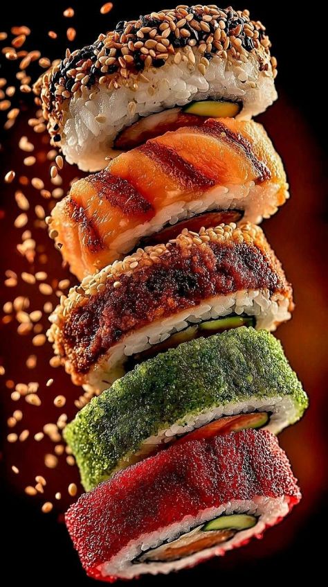 Macro close-up commercial food photograph of five sushi roll pieces stacked diagonally and floating in mid-air, surrounded by white and black sesame seeds, sharply lit against a dark black-to-deep-red blurred background in a vertical 9:16 composition.