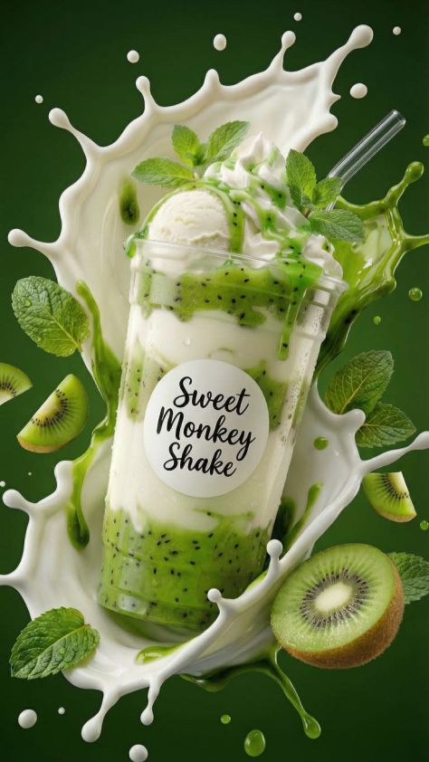Commercial beverage product photograph of a kiwi milkshake in a clear takeaway cup with whipped cream, kiwi sauce, mint, floating kiwi slices, and a dramatic milk splash against a deep forest-green background in a vertical 9:16 composition.