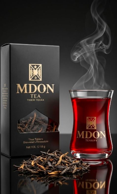 Luxury commercial product photograph of a matte black premium tea box with gold accents on the left and a traditional tulip-shaped glass of ruby-red tea with rising steam on the right, placed on a glossy black reflective surface with loose tea leaves in the foreground against a dark charcoal-to-black studio background.