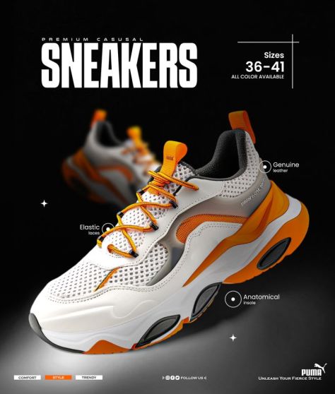 Square commercial sneaker advertisement poster featuring a white and orange athletic sneaker on a dark studio background with bold "SNEAKERS" headline, feature callouts, size information, lifestyle product layout, and premium retail branding elements.
