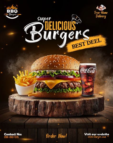 Premium fast-food advertisement poster featuring a sesame cheeseburger, fries, and cola on a rustic wooden pedestal, with smoky dark background, warm glowing embers, bold BBQ burger typography, delivery message, and restaurant-style promotional footer text.