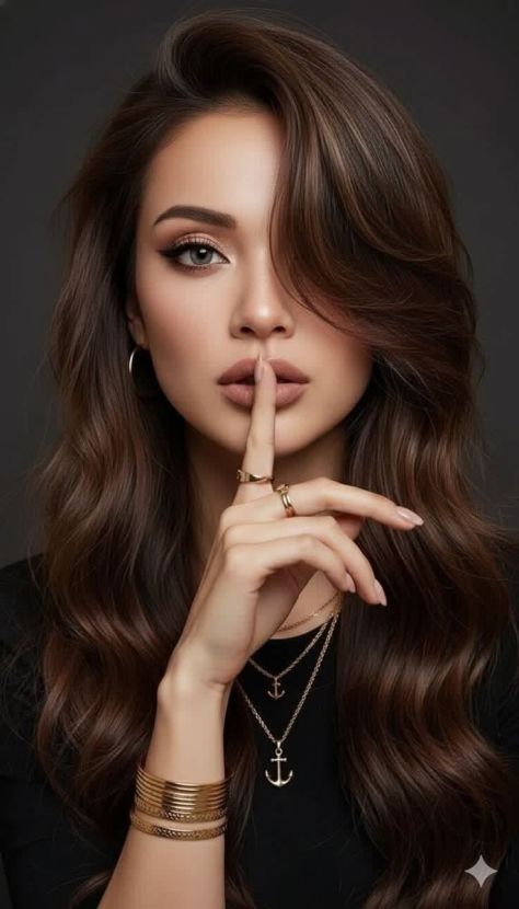 Photorealistic editorial beauty portrait of a young woman making a "shh" gesture with her finger over her lips, featuring long side-swept dark brown hair, gold jewelry, a black fitted top, dramatic studio lighting, and a dark blurred background in a vertical 2:3 composition.