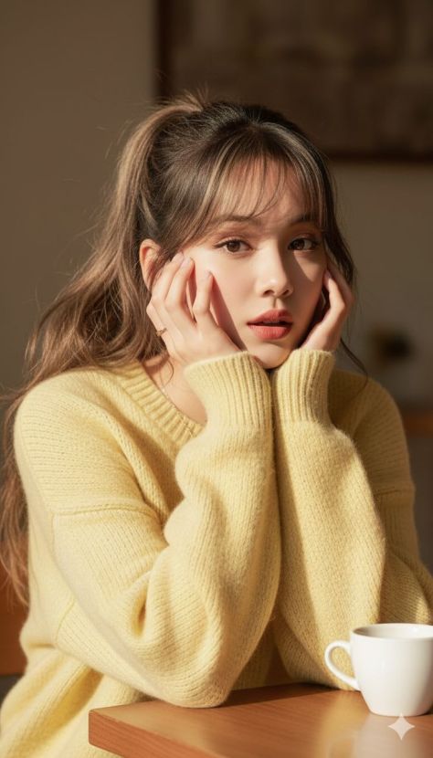 Photorealistic waist-up portrait of a young woman in a pale butter-yellow knitted sweater, resting both hands on her cheeks while seated at a wooden table with a white ceramic cup, illuminated by warm natural sunlight in a softly blurred café or cozy home interior.