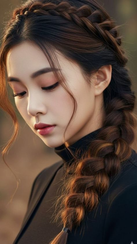 Photorealistic editorial portrait of a young woman with a thick side braid, downcast nearly closed eyes, polished beauty makeup, black turtleneck and structured jacket, illuminated by warm golden light against a softly blurred outdoor background with warm olive-brown bokeh.