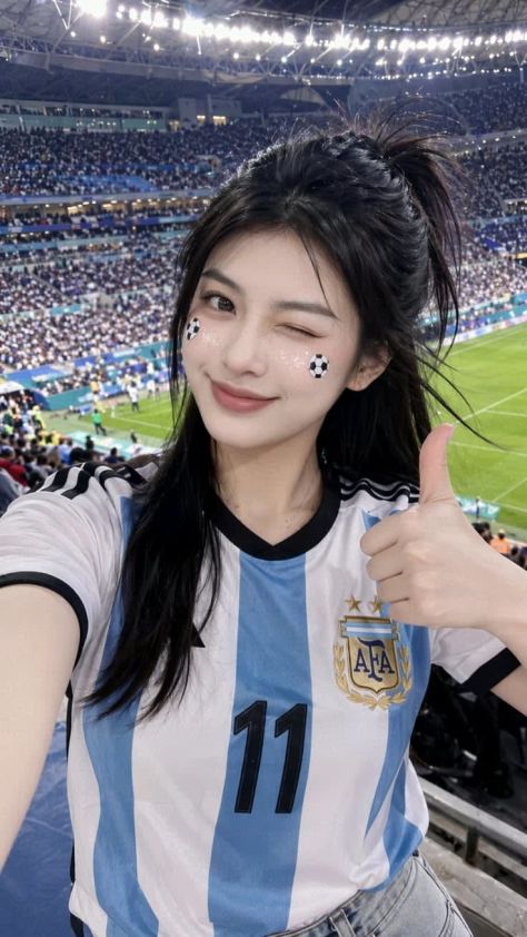 Photorealistic waist-up selfie portrait of a young woman in a white and sky-blue striped football jersey, winking at the camera with a thumbs-up gesture, football cheek stickers, glitter face details, and a bright stadium crowd and green pitch blurred in the background.