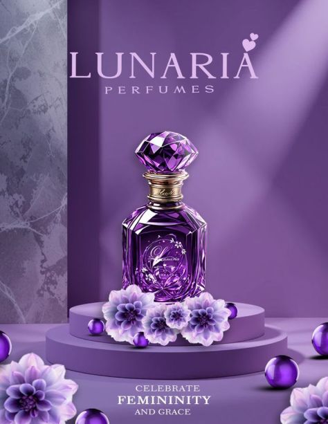 Luxury commercial product photograph of a deep violet LUNARIA PERFUMES bottle with a faceted crystal stopper and gold collar, displayed on a lavender pedestal surrounded by lavender flowers and glossy violet spheres, against a premium purple studio background with a marble accent panel and dramatic spotlight.