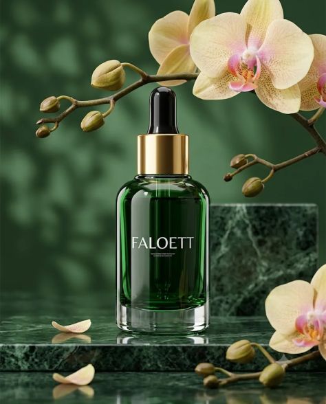 Luxury commercial product photograph of a deep emerald green FALOETT cosmetic serum dropper bottle with a polished gold collar and black rubber dropper, displayed on a glossy dark green marble platform beneath blooming orchids against a premium botanical green studio background with soft leafy shadows.