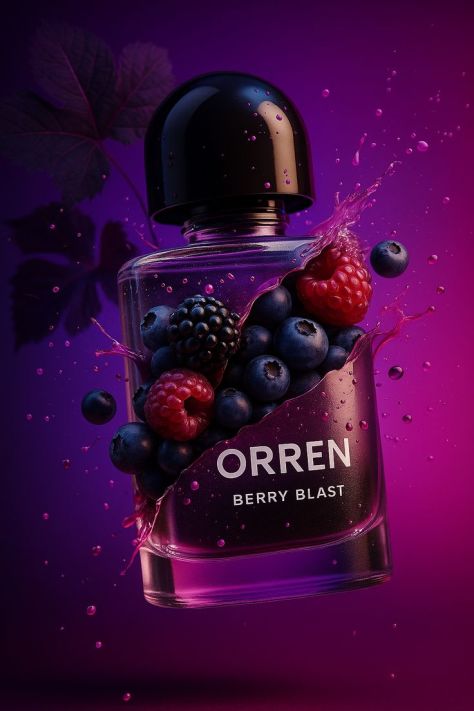 Luxury commercial product photograph of an ORREN Berry Blast perfume bottle in smoky purple glass with a glossy black cap, floating among blueberries, raspberries, a blackberry, and a vibrant magenta liquid splash against a premium dark purple studio background.