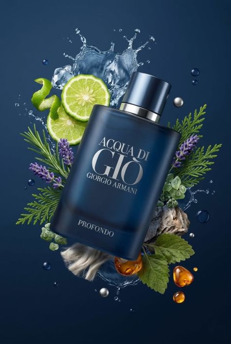 Luxury commercial fragrance hero shot featuring the Acqua di Giò Profondo bottle floating against a deep navy aquatic background, surrounded by dramatic water splashes, ice, lime slices, lavender, evergreen botanicals, mineral stones, amber resin, and metallic spheres with premium editorial lighting.