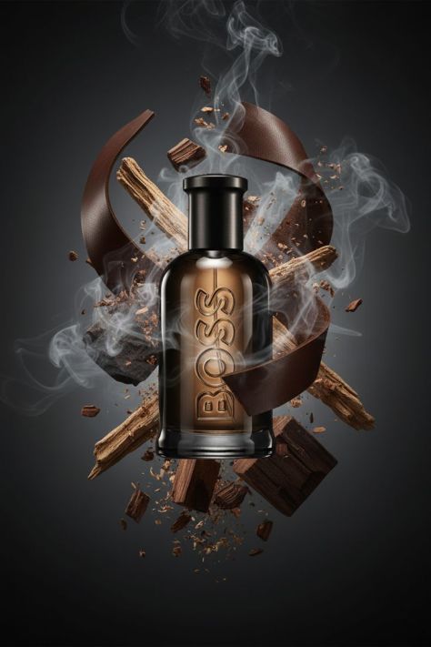 Dark masculine luxury fragrance hero shot featuring a floating BOSS bottle surrounded by smoke, splintered wood, leather, and charcoal-like debris against a black studio backdrop.