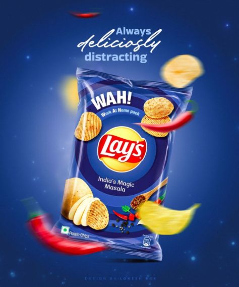 Photorealistic product poster of a Lay's India's Magic Masala potato chips packet floating against a glowing deep royal-blue background with floating chips, red chilies, and the headline "Always deliciously distracting" above it.