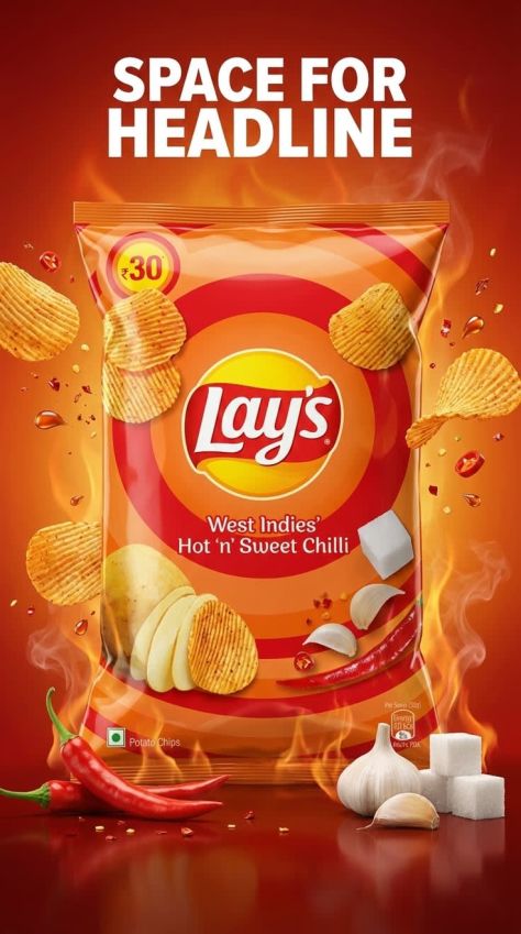 Photorealistic fiery product poster of a Lay's West Indies' Hot 'n' Sweet Chilli packet standing on a glossy red surface with flames, smoke, chips, chilies, garlic, sugar cubes, and a bold white headline above.