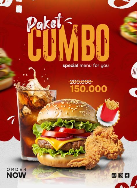 Photorealistic red fast-food promotional poster featuring a burger, cola, fried chicken, and fries badge beneath the headline "Paket COMBO" with discounted pricing above.