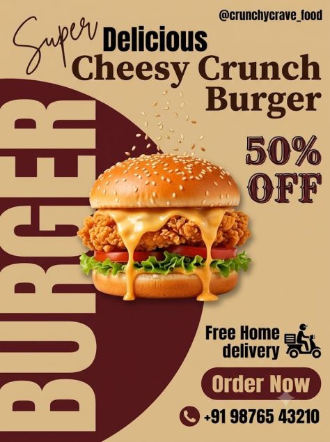Photorealistic burger offer poster featuring a cheesy fried-chicken burger over a beige and deep-maroon graphic layout with oversized "BURGER" typography, 50% off text, delivery details, and an Order Now button.