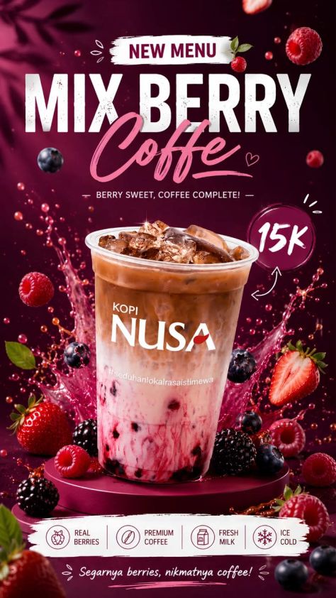 Photorealistic iced mixed-berry coffee poster featuring a clear plastic cup on a burgundy pedestal with berry splash, fresh berries, a 15K price badge, and bold "NEW MENU MIX BERRY Coffee" headline.
