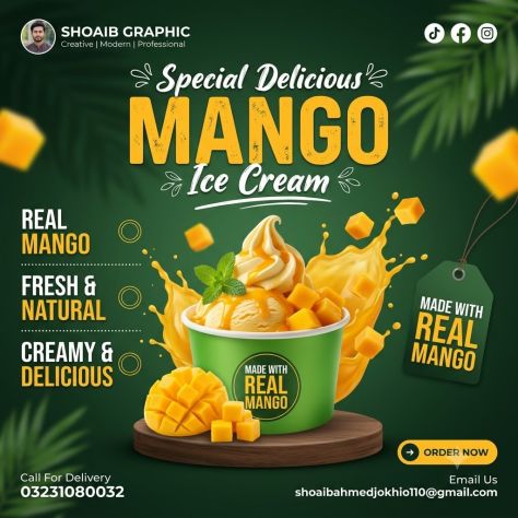 Photorealistic mango ice cream product poster featuring a green cup on a dark-wood pedestal with mango cubes, mango splash, tropical green background, feature claims, contact details, and an Order Now button.