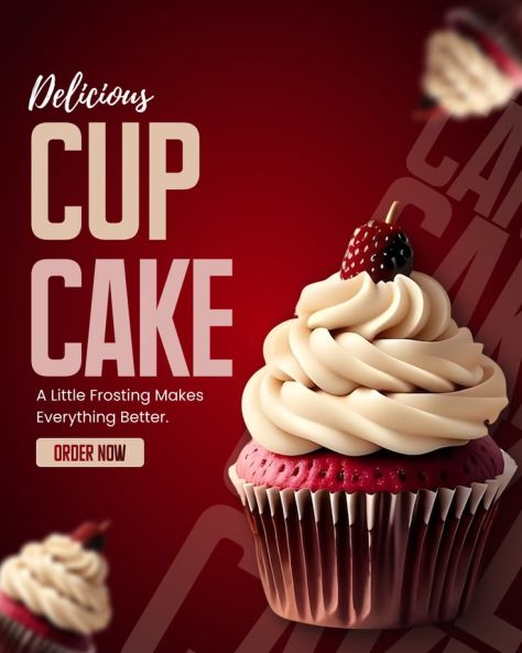 Photorealistic red velvet cupcake poster with cream-beige frosting, berry topping, deep burgundy background, left-aligned "Delicious CUP CAKE" headline, and an Order Now button.