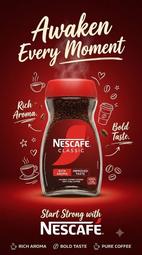 Photorealistic Nescafé Classic product poster featuring a red-lidded glass coffee jar centered on a deep red background with white coffee doodles, the headline “Awaken Every Moment,” benefit callouts, and a bottom brand lockup.