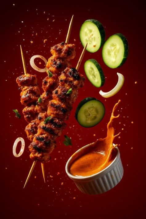 Photorealistic floating grilled chicken kebab skewers with cucumber slices, onion rings, herbs, spice particles, and a bright orange sauce splash against a deep burgundy background.