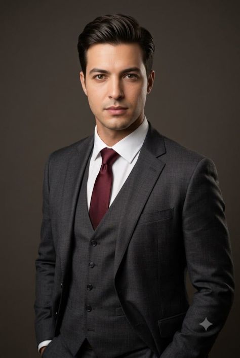 Photorealistic studio portrait of a young man wearing a charcoal-gray three-piece suit and burgundy tie against a softly blurred warm taupe background.