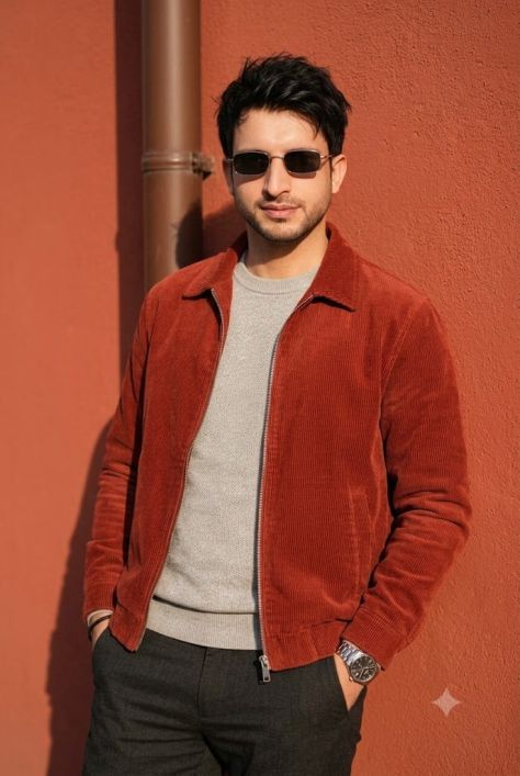 Photorealistic outdoor portrait of a young man in a rust-red corduroy jacket and rectangular sunglasses leaning against a sunlit terracotta wall.