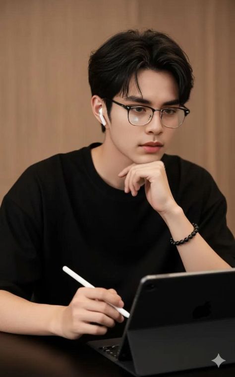 Photorealistic indoor portrait of a focused young man in a black oversized T-shirt and glasses, resting his chin on one hand while holding a stylus beside a tablet on a dark table.