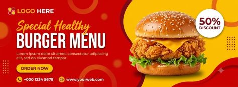 Wide red-and-yellow social media food banner featuring a bold burger menu headline, a gourmet fried chicken burger cutout, a discount badge, contact details, and an order button.