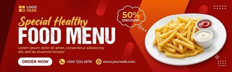 Wide red and orange food-promotion banner featuring a distressed “FOOD MENU” headline, a plate of french fries with ketchup and cream sauces, a discount badge, order button, and contact details.