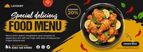 Wide dark charcoal and mustard-yellow food-promotion banner featuring a fried chicken bowl with citrus wedges, bold “FOOD MENU” typography, a 20% discount badge, delivery details, social icons, and an order button.