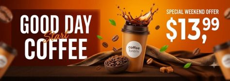 Wide orange and dark-brown coffee promotion banner featuring a takeaway coffee cup with a dramatic liquid splash, scattered coffee beans and green leaves, bold “GOOD DAY COFFEE” typography, and a special weekend price offer.