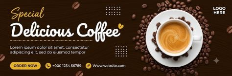 Wide espresso-brown coffee promotion banner featuring a top-down white coffee cup surrounded by roasted coffee beans, elegant “Delicious Coffee” script, an order button, contact details, and a warm café-inspired design.