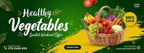 Wide green healthy food promotion banner featuring a wicker basket overflowing with fresh vegetables and fruit, elegant white “Healthy Vegetables” typography, a yellow brush-stroke background accent, a 50% save badge, and an order button.