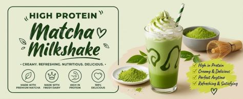 Wide pale green healthy drink banner featuring a creamy matcha milkshake topped with whipped cream, surrounded by matcha ingredients and feature icons, with elegant hand-lettered “Matcha Milkshake” typography.