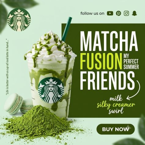 Square matcha-themed social media banner featuring a creamy green frappuccino-style drink with whipped cream and glossy matcha drizzle, bold “MATCHA FUSION FRIENDS” typography, green macarons, matcha powder, and a buy now button.