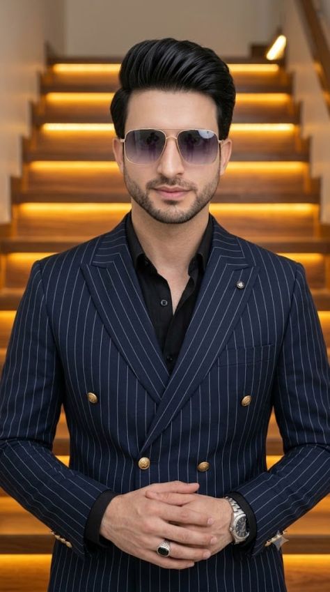 Luxury editorial portrait of a man in a navy double-breasted pinstripe suit and gold-framed gradient sunglasses, standing with clasped hands before a warmly lit modern staircase, rendered in a polished high-fashion style.