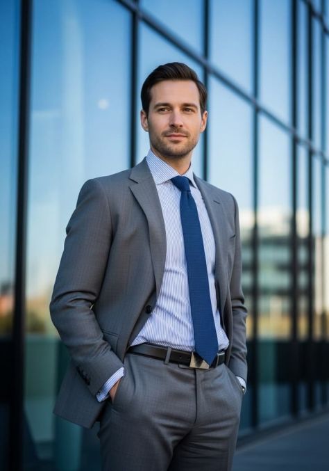 Corporate portrait of a professionally dressed man in a charcoal suit, blue tie, and pinstripe shirt standing with both hands in his trouser pockets before a softly blurred modern glass office façade, looking calmly off to the side.