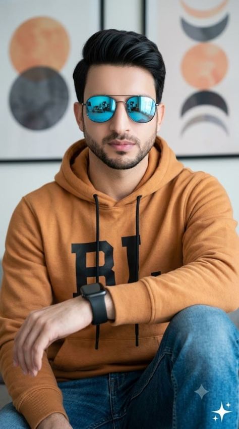 Vertical lifestyle portrait of a young man seated indoors in a caramel-orange hoodie, blue jeans, mirrored cyan sunglasses, and a black smartwatch, with one knee raised before softly blurred abstract wall art.