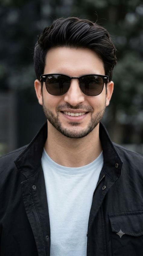 Close outdoor portrait of a smiling young man wearing black Clubmaster-style sunglasses, a black casual jacket, and a pale grey T-shirt against a dark, heavily blurred background.