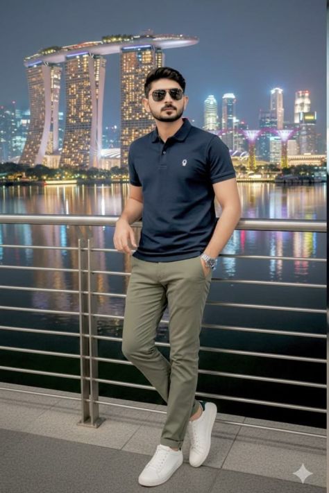 Full-body nighttime portrait of a young man in a navy polo shirt, olive-grey chinos, white trainers and aviator sunglasses standing beside a waterfront railing with the illuminated Singapore skyline and colourful reflections behind him.