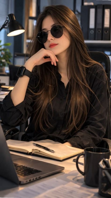 Vertical office portrait of a young woman with long chestnut hair wearing a black blouse and oversized sunglasses, resting her chin on her hand while seated at a desk with a laptop, notebook, mug, and office accessories in a warmly lit modern workspace.