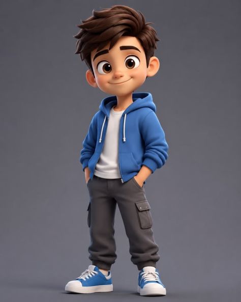 Full-body 3D chibi character wearing an open cobalt-blue hoodie, white T-shirt, charcoal cargo joggers and matching low-top sneakers, standing against a cool grey vignette background with a soft smile.