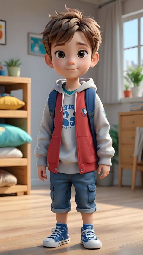 A polished 3D CGI chibi character stands front-facing in a warmly lit bedroom, wearing a coral-red vest, grey hoodie, denim cargo shorts, navy high-top sneakers, and a navy backpack.
