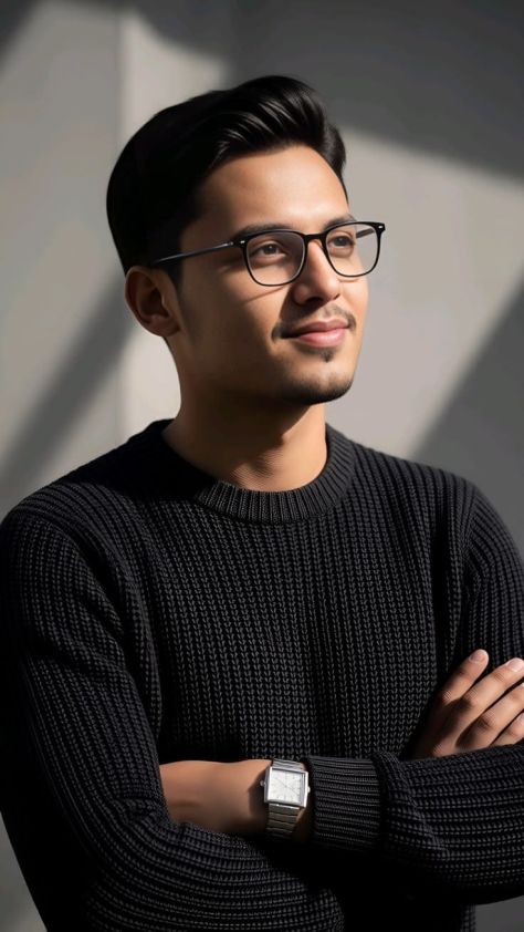 A photorealistic young man wearing black rectangular glasses and a textured charcoal-black sweater stands with crossed arms against a warm grey-beige wall patterned with diagonal window shadows.