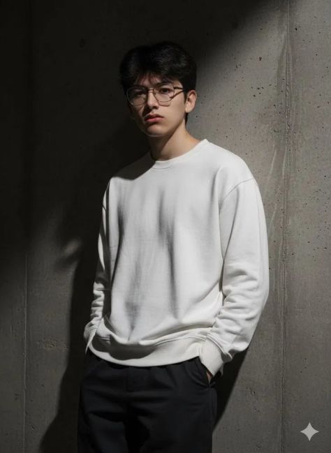 A photorealistic young man in an oversized ivory-white sweatshirt and dark trousers stands against a raw concrete wall under dramatic split lighting, wearing thin metal-frame glasses with both hands concealed in his pockets.
