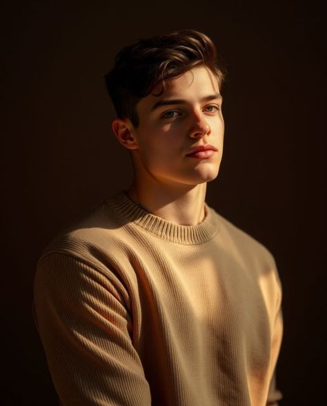A photorealistic young man in a camel-beige ribbed sweater looks directly at the camera under dramatic warm golden lighting against a dark chocolate-brown studio background.